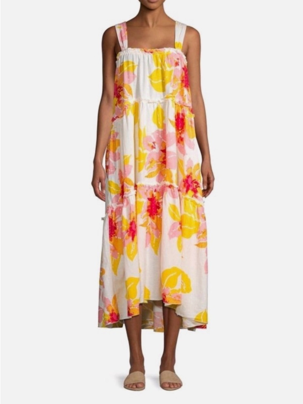 Free People Dress Moonshine Linen Blend White Pastel Floral Midi Tiered  Small - Picture 2 of 8